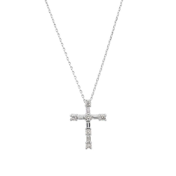 0.34 Carat TW Baguette and Round Brilliant Diamond Cross Pendant in White Gold