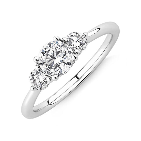 Three Stone Engagement Ring with 0.90 Carat TW of Diamonds in 18kt White Gold