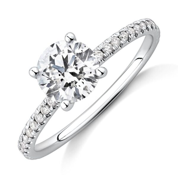 Diamonds Engagement Ring with a 1 Carat Round Centre Laboratory-Grown Diamond and shouldered by 0.14 Carat TW of Natural Diamonds in 14kt White Gold